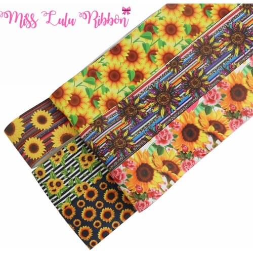 16mm-75mm Sunflower Printed FOE Grosgrain Ribbon DIY Hair Bowknots 50yards/roll