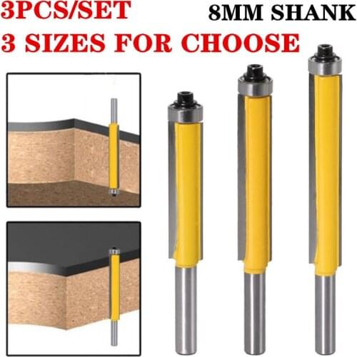 3pcs/set 8mm Shank Extra Long Blade Flush Trim Wood Router Bit Tungsten Carbide Straight Milling Cutters Woodworking Tools