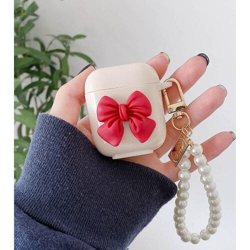 3D Bow Pearl Bracelet KeyChain Girl Case For Apple AirPods 1 2 3 Soft Wristband Cover Cute Earphone Accessories For AirPods Pro