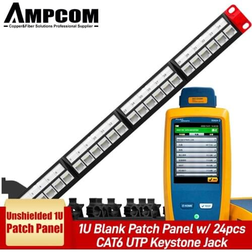 AMPCOM CAT5e/6 24 Port Tool-Less Keystone Jack RJ45 Patch Panel, Rack Mount - 1U, 19 inch, RJ45 Ethernet 568A/B, 50u Gold Plated