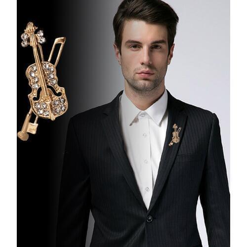 New Art Violin Crystal Rhinestone Brooches Pins Simple Men Suit Needle Lapel Pin Metal Brooch Broches for Women Fashion Jewelry