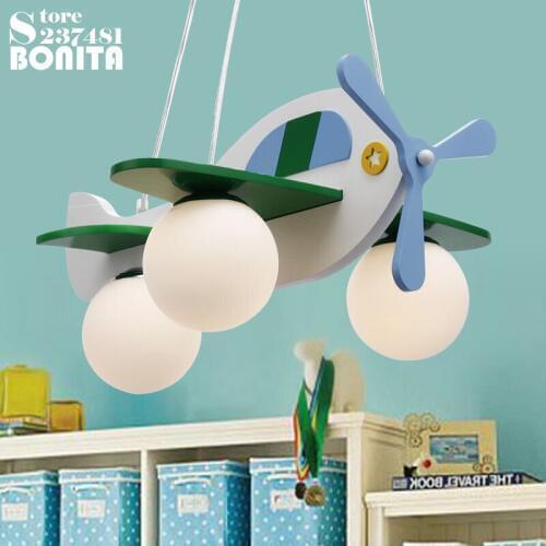 Childrens room pendant lamp wood glass Cartoon airplane hanging lights Boys girls bedroom Kindergarten Aircraft LED lighting