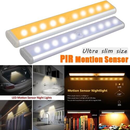 PIR Motion Sensor Cabinet Light Ultra Slim Portable Wall Lamp LED Light Strip Bar Light Battery for Cupboard Kitchen Wardrobe