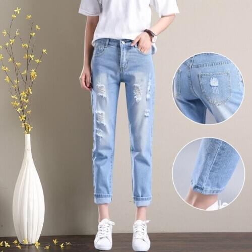 Denim fabric Destroy Wash jeans women jeans ripped hole jeans high waist pants ankle-length trousers students jeans