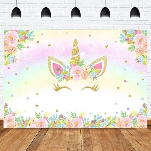 Unicorn Rainbow Birthday Backdrop for Photography Flowers Golden Unicorn Stars Background Floral Newborn Portrait Photo Studio