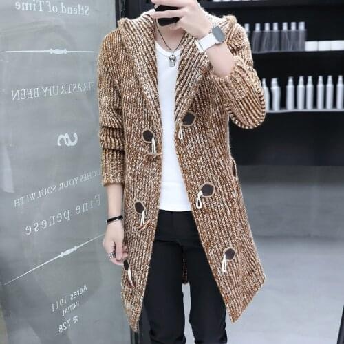 Horn Button Cardigan Jacket Mens Trend New Fall Winter Thick Mid-Length Sweaters Male Trendy Brand Clothes Hooded Knit Sweater