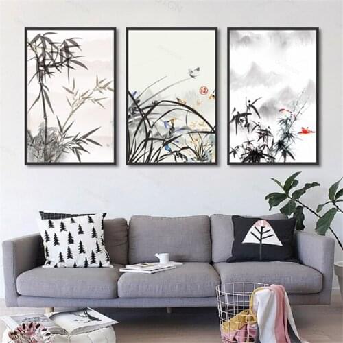 Chinese Ink Painting Bamboo And Orchid Mountain Landscape Canvas Painting Picture Home Wall Art Decoration Unframed