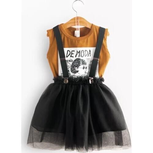 Girls Clothes Set 2020 Summer New Fashion Korean Cartoon T-shirt Mesh Suspenders Skirt Suit Children Clothes For 2-6 Years Old