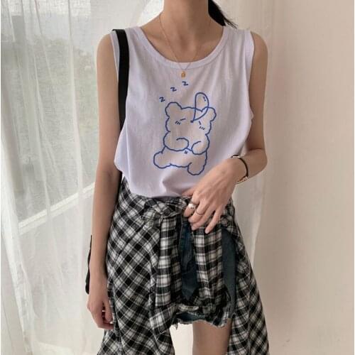 Korean Cartoon Bear Planet Pattern Harajuku Tank Tops Japanese Kawaii Sweet Fashion Sleeveless Tops Casual Loose Summer 2021