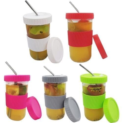 Reusable Smoothie Cups Boba Tea Cups with Lid and Straw Bubble Tea Cup Glass Tumbler Travel Mug Wide Mouth Mason Jar Cups