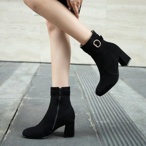 2020 new round toe block high heels black burgundu womens ankle boots plus size 44 45 46 faux suede slim boots ladies pumps boot