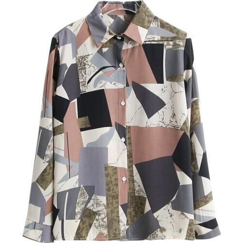2020 autumn new Korean womens long-sleeved retro contrast color printing Thin shirt commuter slim chiffon floral cardigan blous