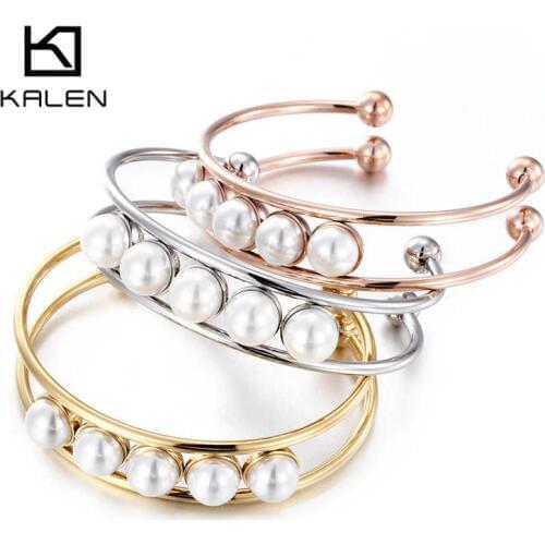 Kalen New Stainless Steel Bulgaria Three Colors Cuff Bangles Imitation Pearl Charm Rose Gold Bangle Bracelet For Women Girl Gift