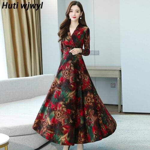 Autumn Winter 4XL Plus Size Fashion Print Floral Dress 2021 Vintage V-neck Midi Dress Elegant Women Bodycon Party Maxi Vestidos