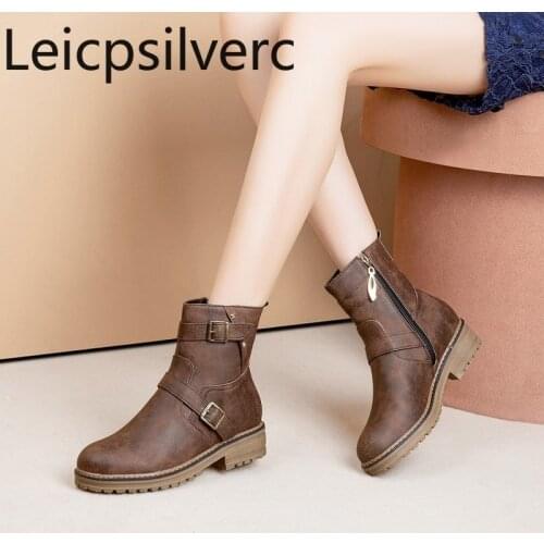 Autumn And Winter The New fashion Round head zipper belt buckle Thick heel Low-heeled Short tube Womens Boots plus size 34-44