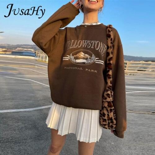 JuSaHy Autumn Harajuki Style Casual Sweater Pullover Loose Round Neck Letter Print Fashion Streetwear for Women Daily Outfits