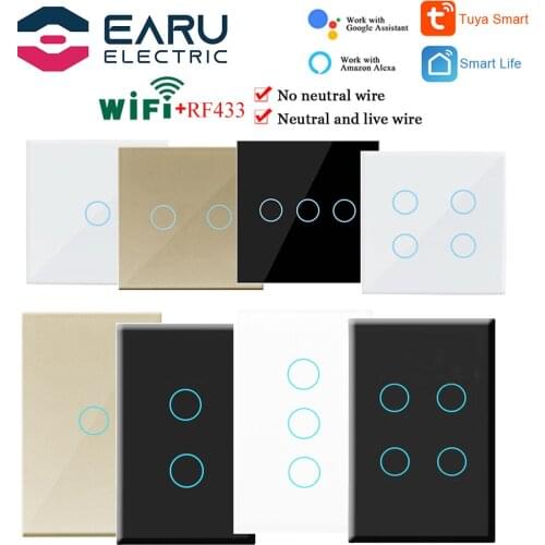 EU/US 1/2/3/4 Gang Smart RF433 Wifi Wall Light Touch Switch Glass Panel No Neutral Wire Required Alexa Google Smart Life Tuya