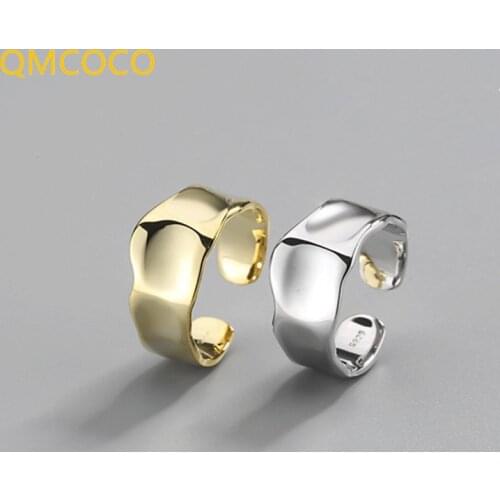QMCOCO Simple Classic 925 Silver Of Irregular Smooth Wide Adjustable Ring Geometric Concave Convex Wave Ring For Women