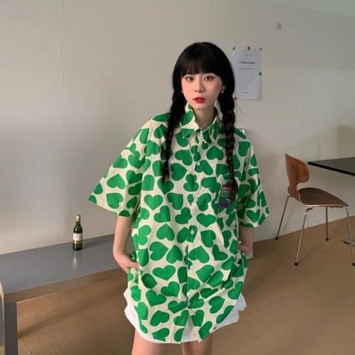 Deeptown Hip Hop Shirt Women Korean Green Button Up Top Oversized Harajuku Heart Print Shirt for Teens Oversized Streetwear 2021