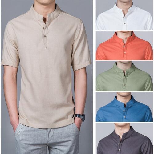 Spring New mens imitation cotton linen collar short-sleeved shirt mens loose Leisure short-sleeved imitation linen shirt Men