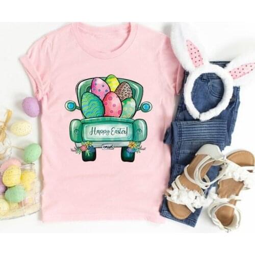 Happy Easter Woman Eggs Truck Shirt Women 100% Cotton Casual Funny Streetwear Plus Size For Lady Girl Top Tee Drop Ship harajuku
