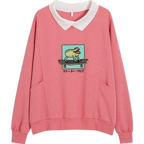 Skateboarding Frog Hoodie Women Cotton Sweatshirt Aesthetic Hoody Girls Casual Loose Sweatsuit with Pocket All-match Korean Tops