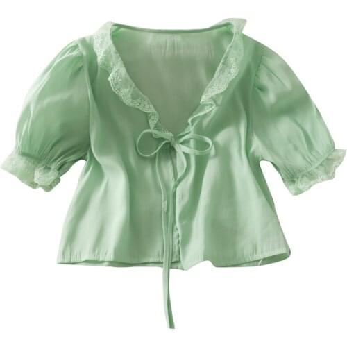 French thin section micro-transparent short lace-up V-neck sunscreen wooden ears shirt