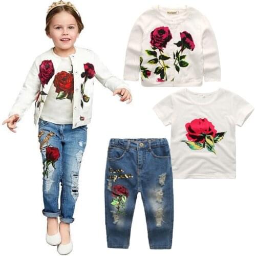 Baby Girl Spring Autumn Clothes Set 2019 New Long Sleeves Coat +T Shirt +Jeans 3Pcs Girls Fashion Rose Flower Clothing Set 3-10Y