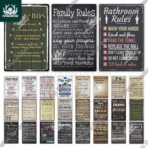 Putuo Decor Family Rule Sign Vintage Metal Tin Sign Retro Decorative Board Toilet Home Wall Decor Iron Painting Decorative Plate