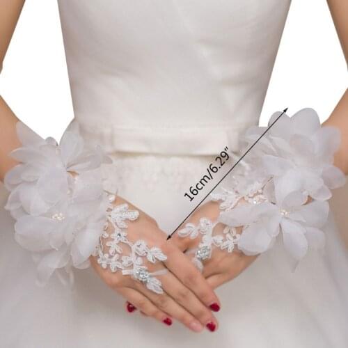 Women Embroidery Lace Fingerless Gloves Artificial Flower Rhinestone Beads Wedding Bridal Sunscreen Formal Short Mittens