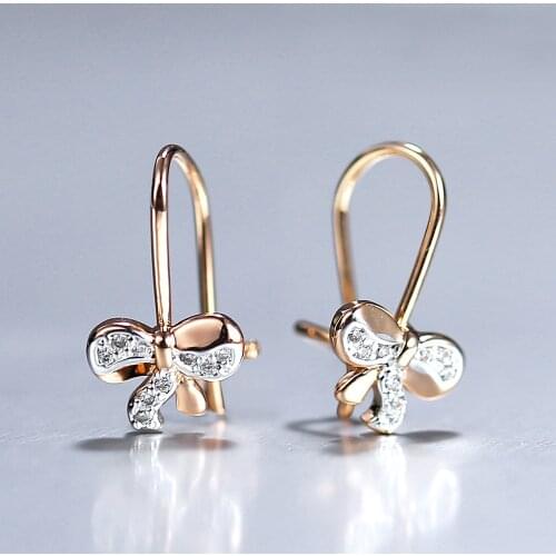 Womens 585 Rose Gold Cute Butterfly Bow Tie Rhinestone CZ Paved Earrings Drop Dangle Earrings For Girls Dainty Jewelry GE347A