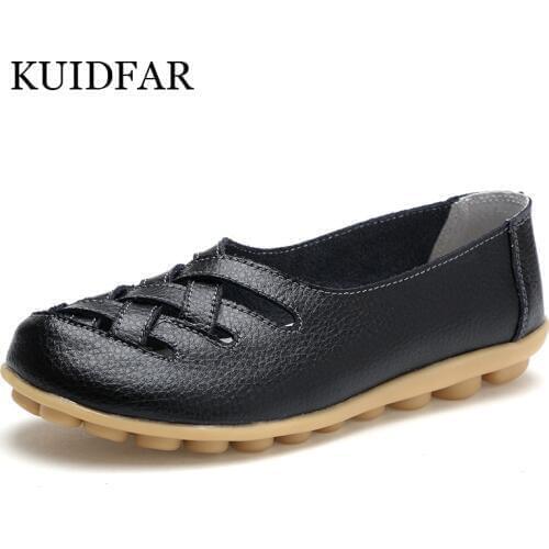 KUIDFAR Genuine Leather Summer Women Flats Shoes 2019 Casual Flat Shoes Women Loafers Shoes Leather Red Flat Womens Shoes