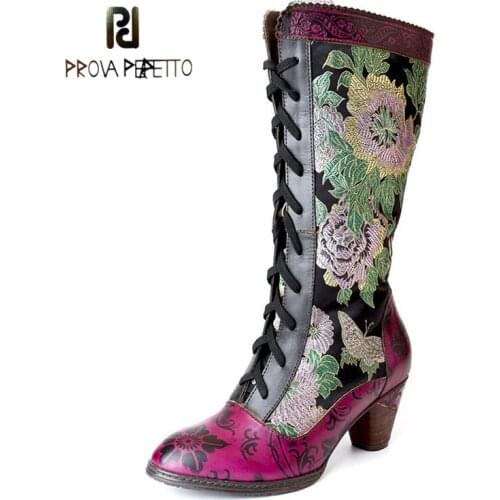 Retro High Boots Embroidered Pointed Toe Thick Heel Leather Stitching Flanging Flowers Cross Straps Back Zipper Womens Boots