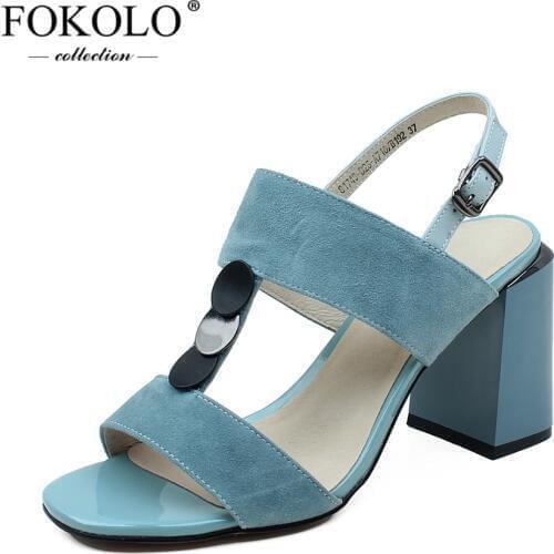 FOKOLO Sandals Women 2020 Kid Suede Ankle Strap T-tied Rubber Outsole Sexy High Heels New Summer Fashion Lady Shoes Handmade L15