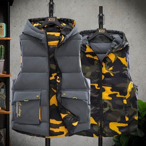 Winter Mens Double-sided Wear Camouflage Cotton Vest Outerwear Fashion Hooded Loose Waistcoat Youth Sleeveless Padded Jackets