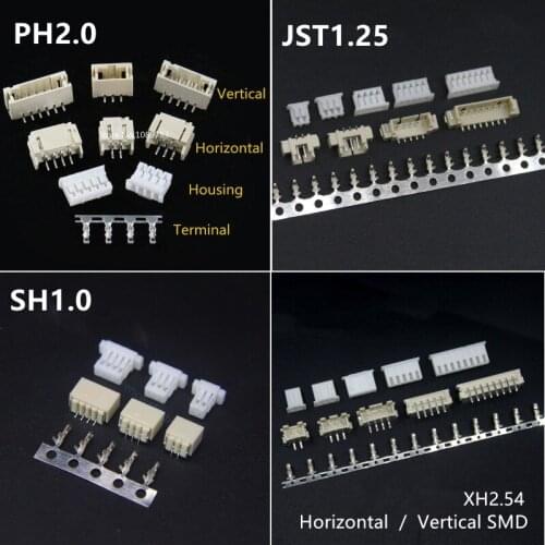10sets SH1.0 JST1.25 PH2.0 XH2.54 SH/JST/ZH/PH/XH Horizontal / Vertical SMD Pin Header + Housing + Terminal Set 2.54mm