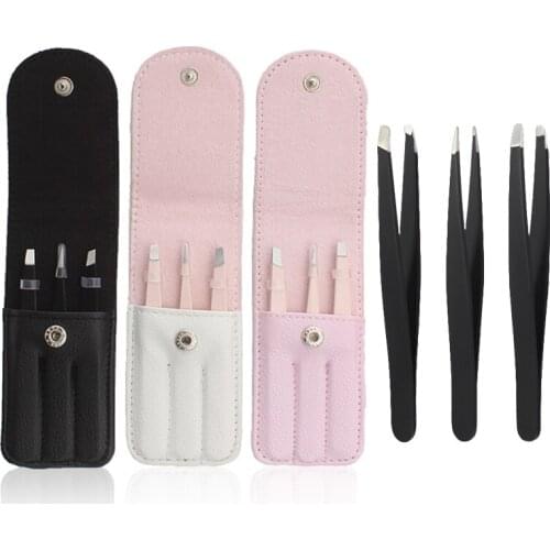 3Pcs Eyebrow Tweezers With Bag Stainless Steel Hair Removal Tweezers Point Slant Tip Flat Tip Face Harmless Makeup Beauty Tools