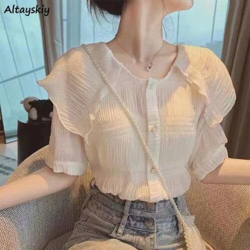 Blouse Women Summer Short Sleeve Stylish Single Breasted Folds Crop Comfort Elegant Korean Style Leisure Girls Party All-match