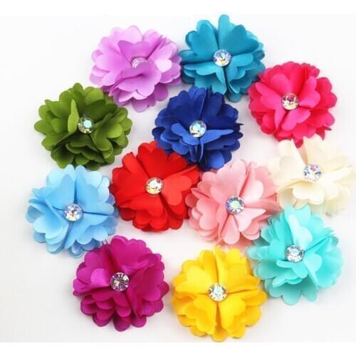 100Pcs Mix Colors Chiffon Fabric Flower Tassels With Rhinestone For Wedding Invitation Artificial Flowers For Dress Decoration