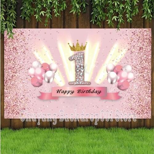 Rose Gold 1th Photography Backdrop Crown Baby Shower Newborn Girls Happy Birthday Party Custom Photo Background Decor Banner