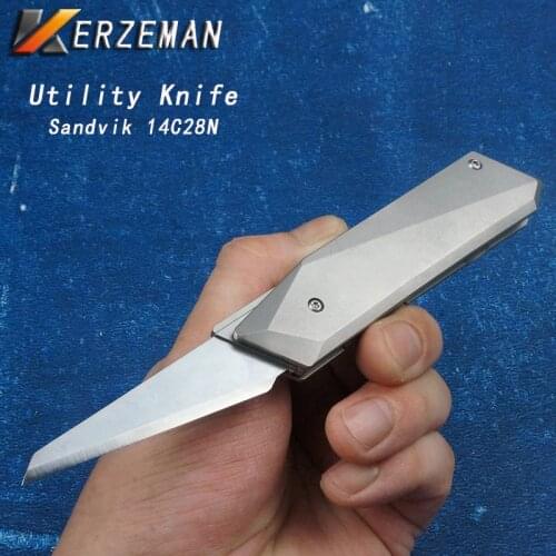 Kerzeman Sandvik 14C28N Folding Knife Tactical Outdoor Camping Knives Titanium Alloy TC4 Handle Pocket Utility Knife EDC Tools