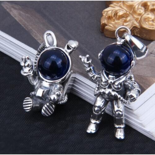 BOCAI New solid s925 sterling silver inlaid with blue zircon astronaut men and women pendant