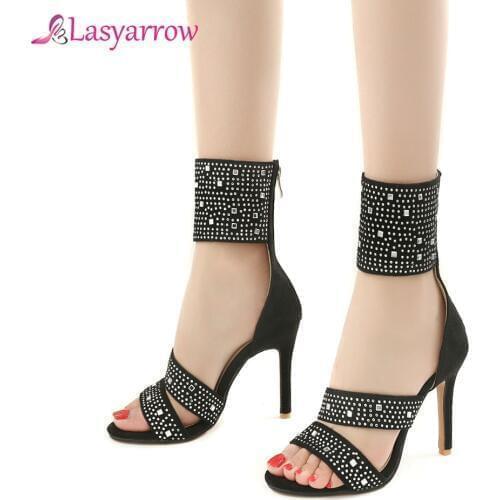 Lasyarrow Women Sandals Plus Size 32-46 Fashion Zipper High Heel Peep Toe Summer Shoes Rhinestone Ladies Wedding Party Shoe J821