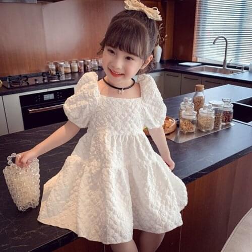 2021 Summer Kids Puff Sleeve Dresses Girls Pure Color Princess Dress Children Clothing Girl Elegant Outfits Party Vestidos W33