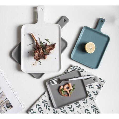 Matte Ceramic Plate Home Tableware Sushi Steak Noodle Breakfast Fruit Salad Creative Cake Bread With Handle Food Service Tray