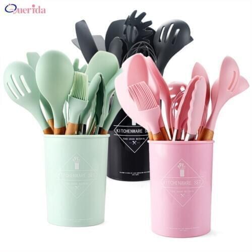 5/11/12Pcs Silicone Cooking Kitchen Set Non-stick Spatula Wooden Handle Cooking Accessories Heat Resistant Utensils Kitchen Tool