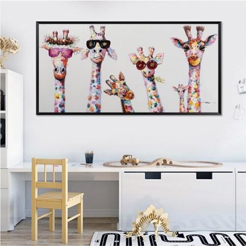 Cartoons Wall Art Canvas Print Animal Picture Giraffe Family Painting For Living Room Home nursery Decor Childrens room Decor