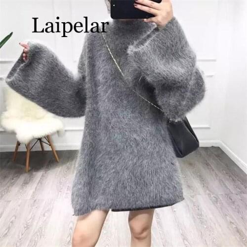 New Elegant Cashmere Sweater Women Fashion Turtleneck Long Flare Sleeve Thick Pullover Women Casual Long Jumper