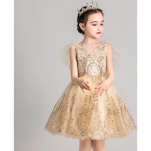 Summers latest childrens dress Kids Girl Party Princess Gowns Flower Girl Wedding Gold line applique Girl First Communion Gown