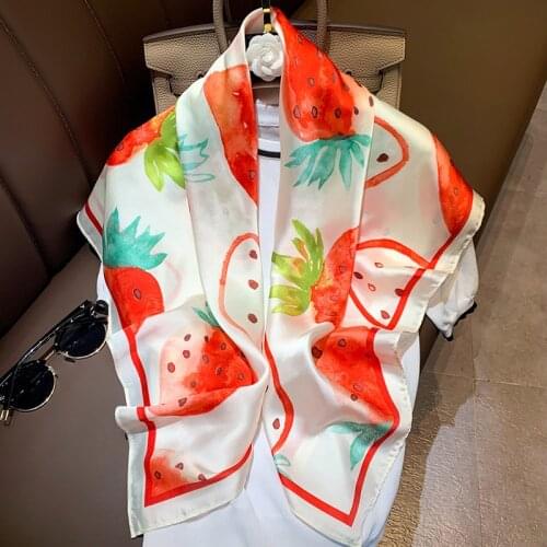 NEW Silk Scarves Women Fruit Printing 90cm Fashion Designer Big Square Foulard Soft Satin Shawl Kerchief Head/Hair Scarf FJ474